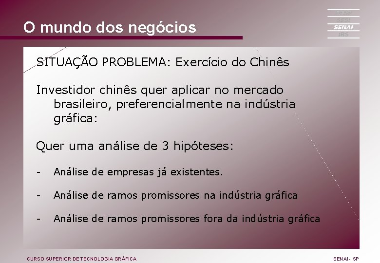 O mundo dos negócios SITUAÇÃO PROBLEMA: Exercício do Chinês Investidor chinês quer aplicar no