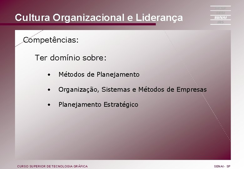 Cultura Organizacional e Liderança Competências: Ter domínio sobre: • Métodos de Planejamento • Organização,