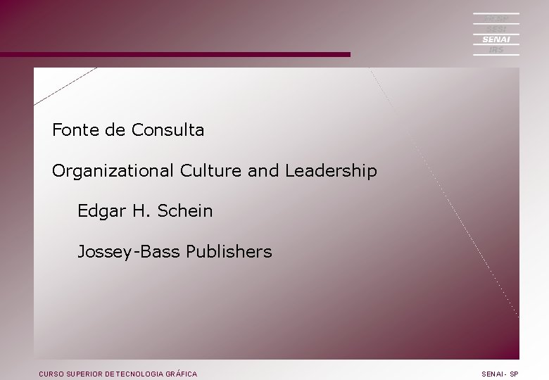Fonte de Consulta Organizational Culture and Leadership Edgar H. Schein Jossey-Bass Publishers CURSO SUPERIOR