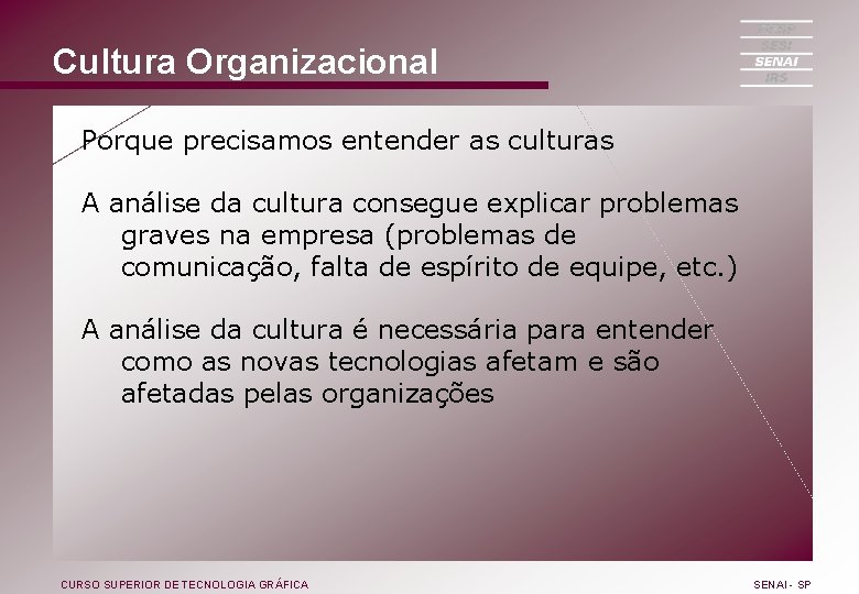 Cultura Organizacional Porque precisamos entender as culturas A análise da cultura consegue explicar problemas