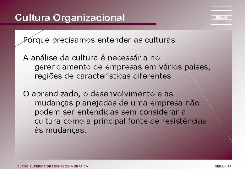 Cultura Organizacional Porque precisamos entender as culturas A análise da cultura é necessária no