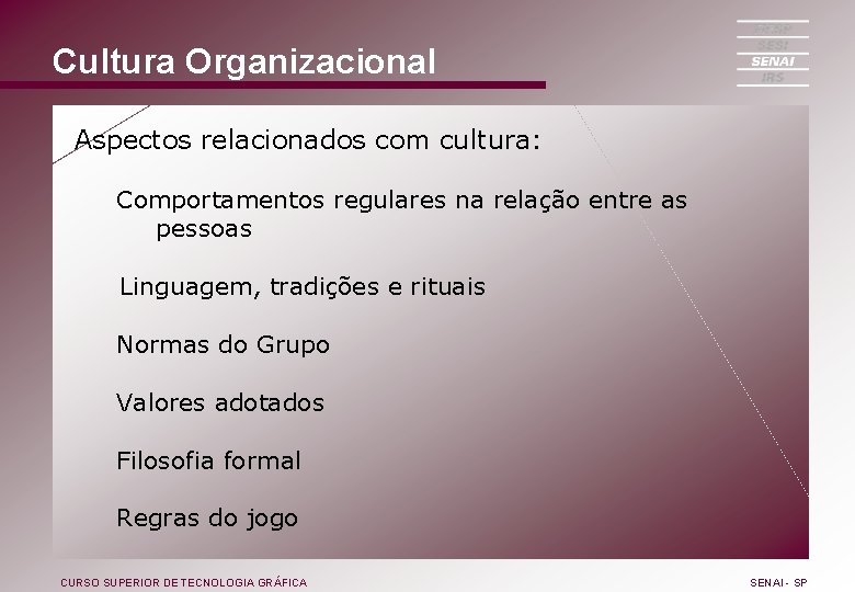 Cultura Organizacional Aspectos relacionados com cultura: Comportamentos regulares na relação entre as pessoas Linguagem,