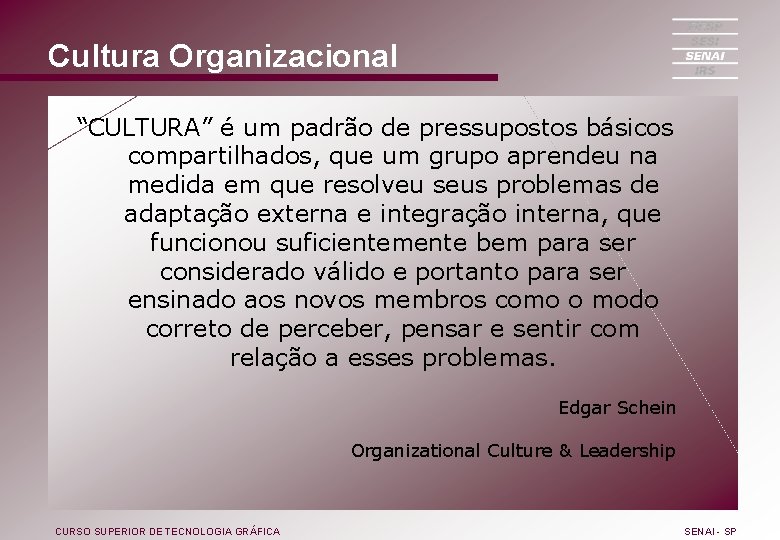 Cultura Organizacional “CULTURA” é um padrão de pressupostos básicos compartilhados, que um grupo aprendeu