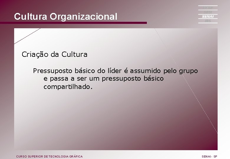 Cultura Organizacional Criação da Cultura Pressuposto básico do líder é assumido pelo grupo e