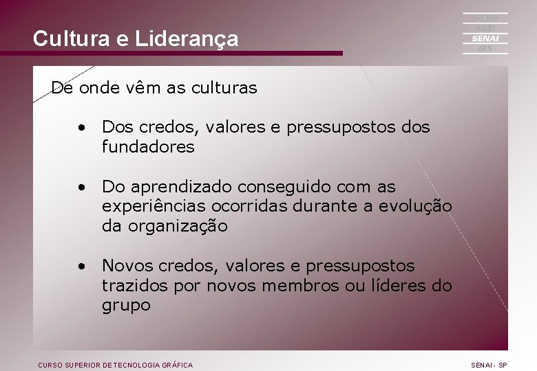 Cultura e Liderança De onde vêm as culturas • Dos credos, valores e pressupostos