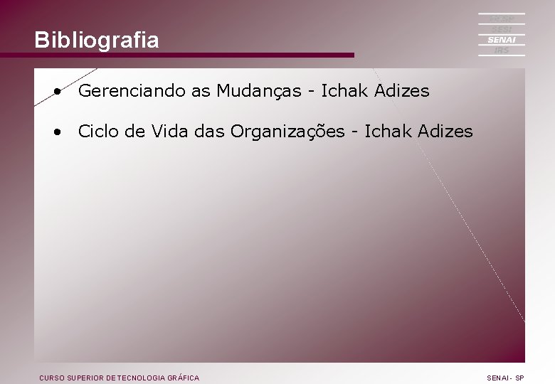 Bibliografia • Gerenciando as Mudanças - Ichak Adizes • Ciclo de Vida das Organizações