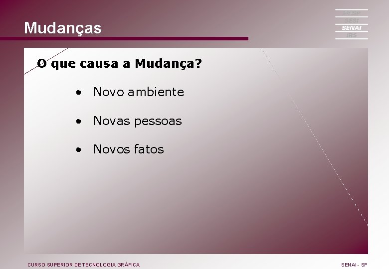 Mudanças O que causa a Mudança? • Novo ambiente • Novas pessoas • Novos