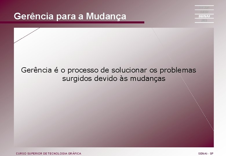 Gerência para a Mudança Gerência é o processo de solucionar os problemas surgidos devido