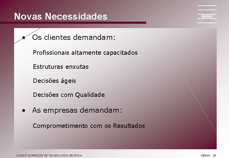 Novas Necessidades • Os clientes demandam: Profissionais altamente capacitados Estruturas enxutas Decisões ágeis Decisões