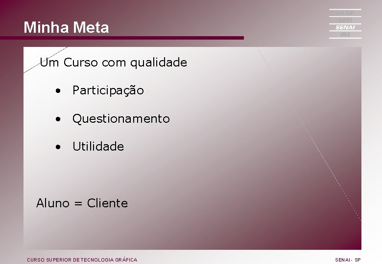 Minha Meta Um Curso com qualidade • Participação • Questionamento • Utilidade Aluno =