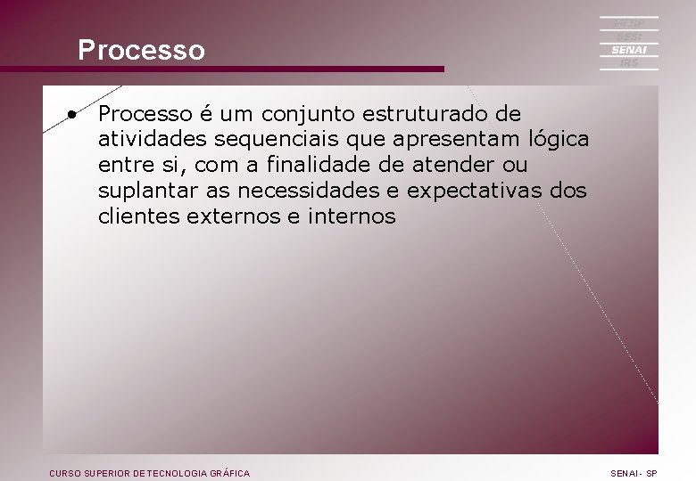 Processo • Processo é um conjunto estruturado de atividades sequenciais que apresentam lógica entre