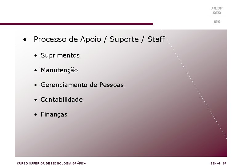 Processos • Processo de Apoio / Suporte / Staff • Suprimentos • Manutenção •