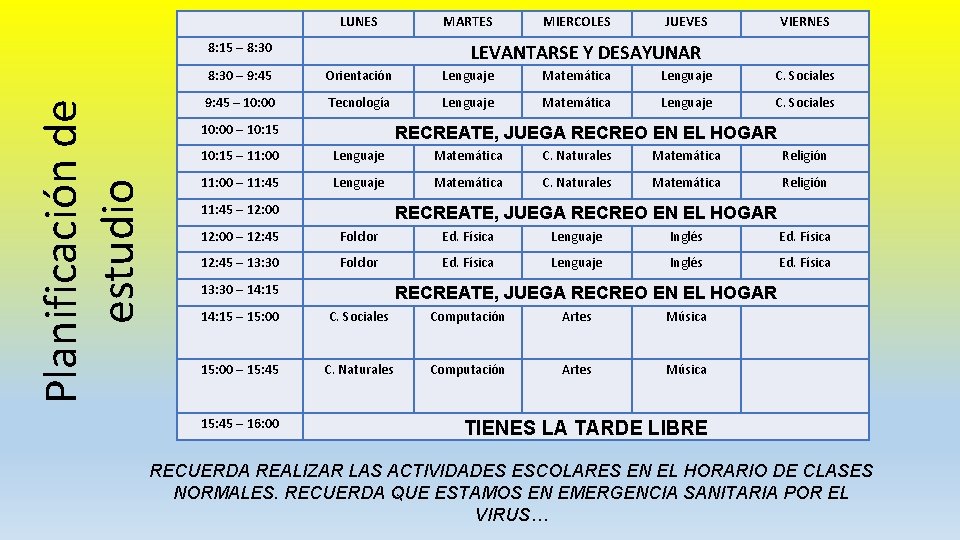 LUNES Planificación de estudio 8: 15 – 8: 30 MARTES MIERCOLES JUEVES VIERNES LEVANTARSE