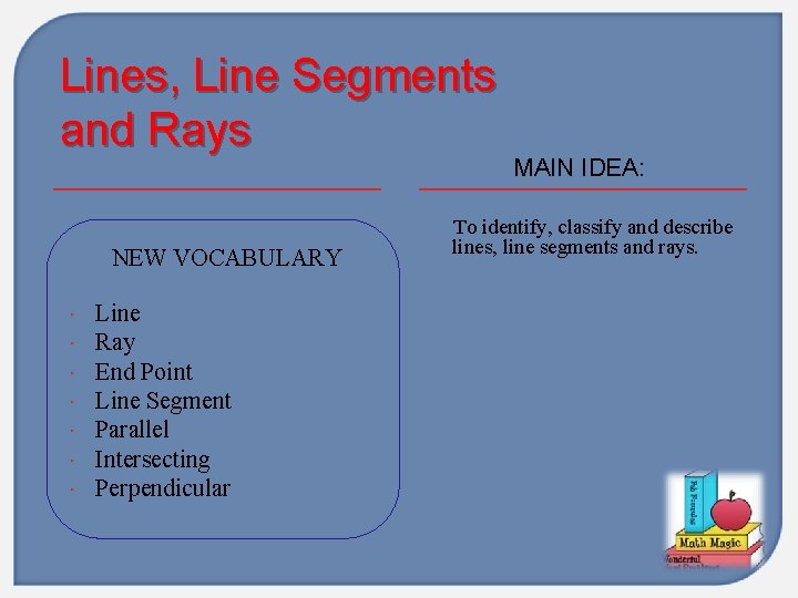 Lines, Line Segments and Rays NEW VOCABULARY Line Ray End Point Line Segment Parallel
