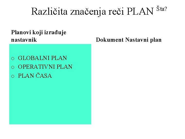 Različita značenja reči PLAN Planovi koji izrađuje nastavnik o GLOBALNI PLAN o OPERATIVNI PLAN