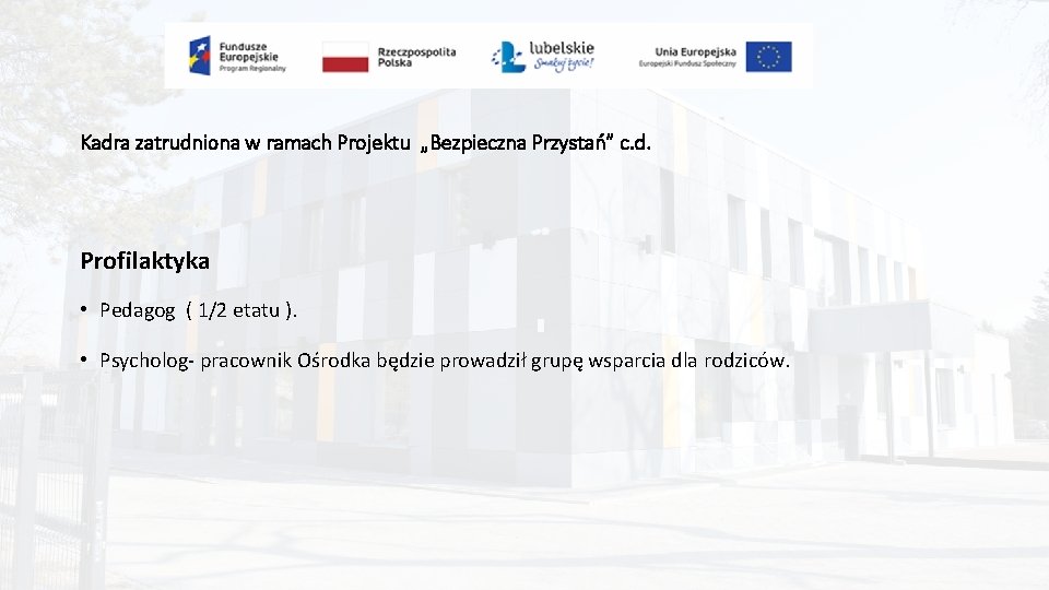 Kadra zatrudniona w ramach Projektu „Bezpieczna Przystań” c. d. Profilaktyka • Pedagog ( 1/2