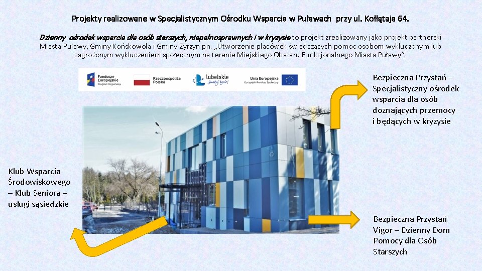 Projekty realizowane w Specjalistycznym Ośrodku Wsparcia w Puławach przy ul. Kołłątaja 64. Dzienny ośrodek