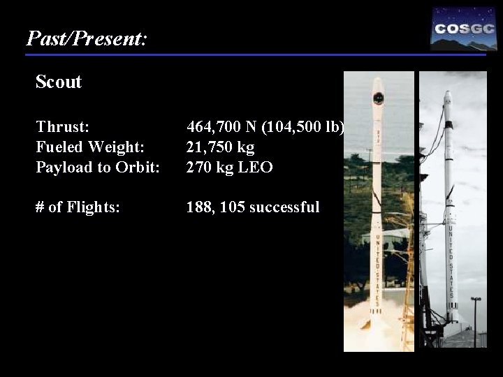 Past/Present: Scout Thrust: Fueled Weight: Payload to Orbit: 464, 700 N (104, 500 lb)