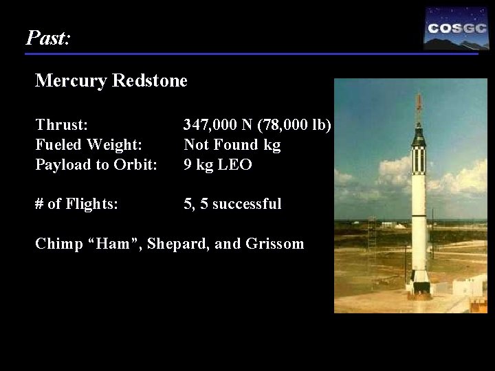 Past: Mercury Redstone Thrust: Fueled Weight: Payload to Orbit: 347, 000 N (78, 000