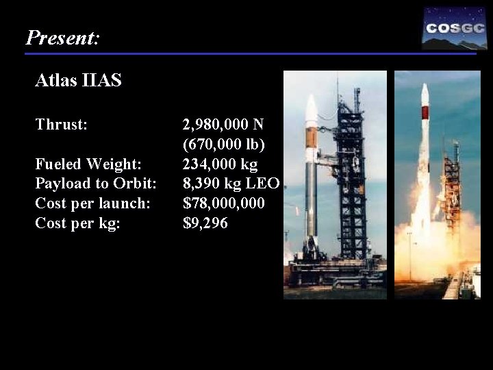Present: Atlas IIAS Thrust: Fueled Weight: Payload to Orbit: Cost per launch: Cost per