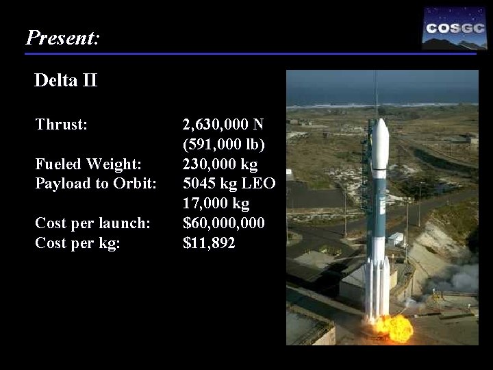Present: Delta II Thrust: Fueled Weight: Payload to Orbit: Cost per launch: Cost per