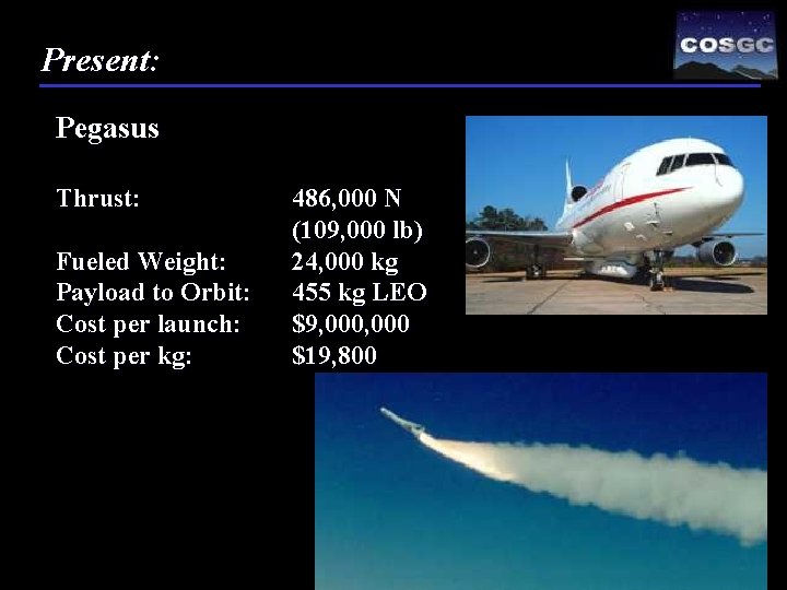 Present: Pegasus Thrust: Fueled Weight: Payload to Orbit: Cost per launch: Cost per kg: