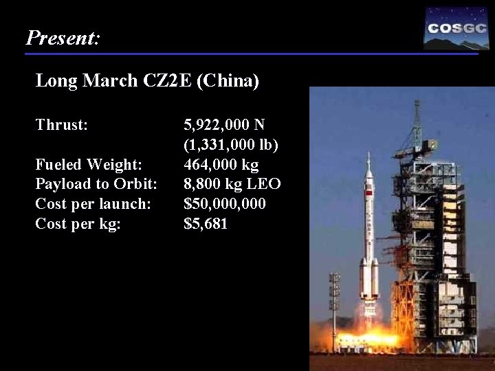 Present: Long March CZ 2 E (China) Thrust: Fueled Weight: Payload to Orbit: Cost