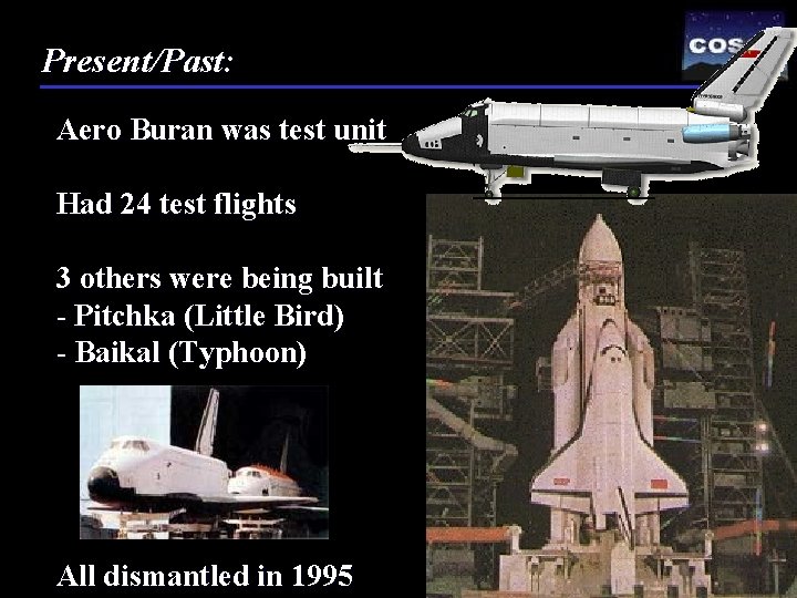 Present/Past: Aero Buran was test unit Had 24 test flights 3 others were being