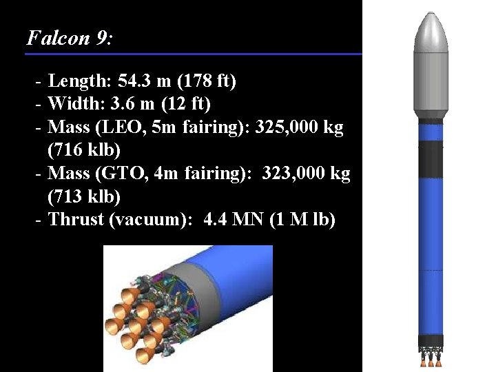 Falcon 9: - Length: 54. 3 m (178 ft) - Width: 3. 6 m
