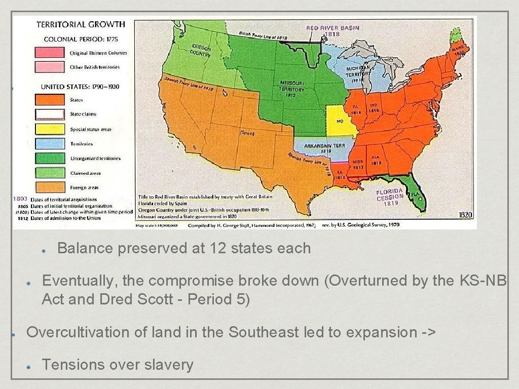 Expansion and Slavery Missouri Compromise (Compromise of 1820) 3 parts: Above 36º 30’ -