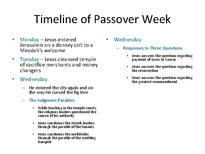 Timeline of Passover Week • Monday – Jesus entered Jerusalem on a donkey colt