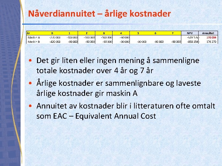 Nåverdiannuitet – årlige kostnader • Det gir liten eller ingen mening å sammenligne totale