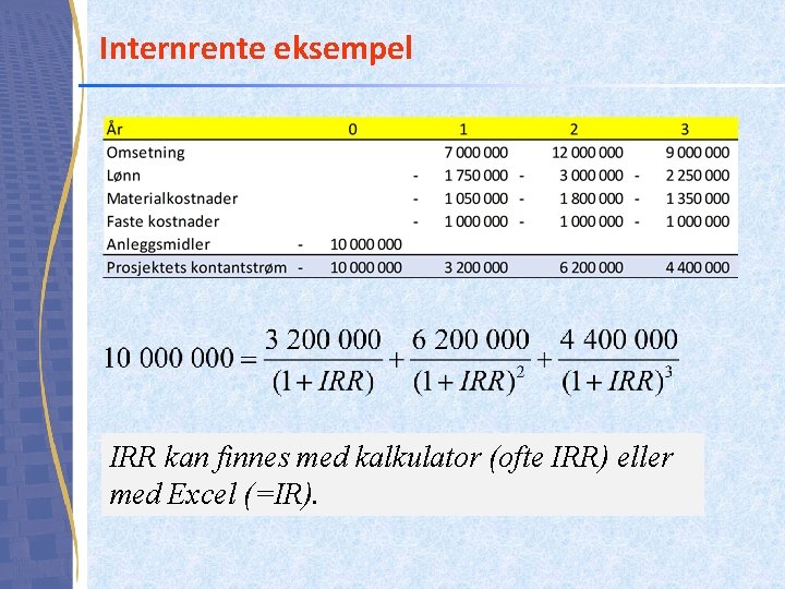 Internrente eksempel IRR kan finnes med kalkulator (ofte IRR) eller med Excel (=IR). 