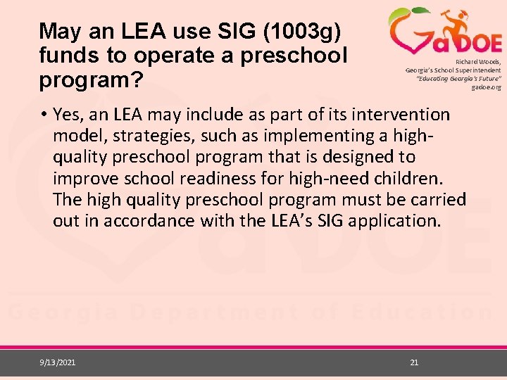 May an LEA use SIG (1003 g) funds to operate a preschool program? Richard