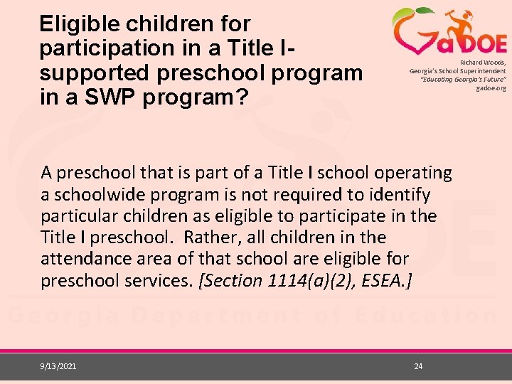 Eligible children for participation in a Title Isupported preschool program in a SWP program?