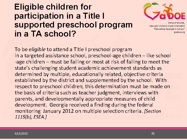 Eligible children for participation in a Title I supported preschool program in a TA