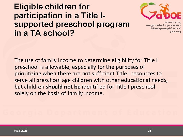 Eligible children for participation in a Title Isupported preschool program in a TA school?