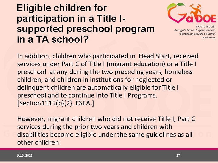 Eligible children for participation in a Title Isupported preschool program in a TA school?