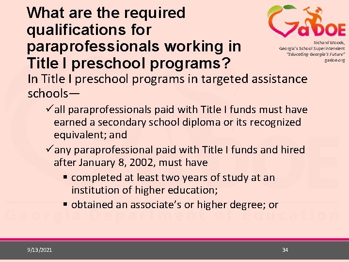 What are the required qualifications for paraprofessionals working in Title I preschool programs? Richard