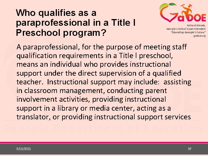 Who qualifies as a paraprofessional in a Title l Preschool program? Richard Woods, Georgia’s