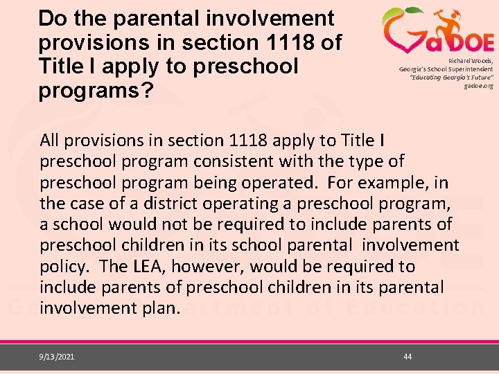 Do the parental involvement provisions in section 1118 of Title I apply to preschool
