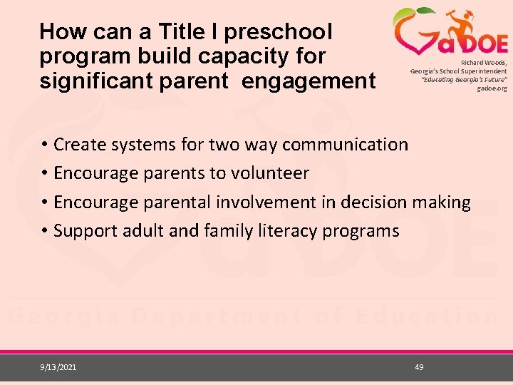 How can a Title l preschool program build capacity for significant parent engagement Richard