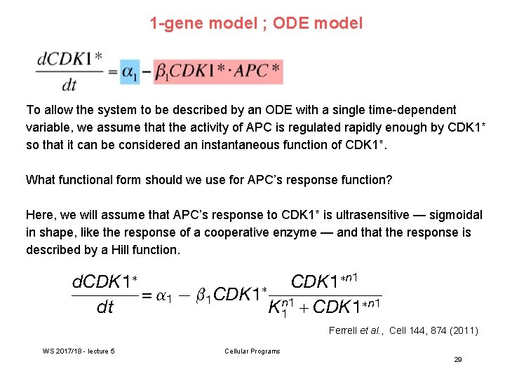 1 -gene model ; ODE model To allow the system to be described by