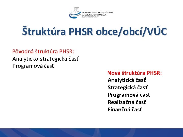Štruktúra PHSR obce/obcí/VÚC Pôvodná štruktúra PHSR: Analyticko-strategická časť Programová časť Nová štruktúra PHSR: Analytická