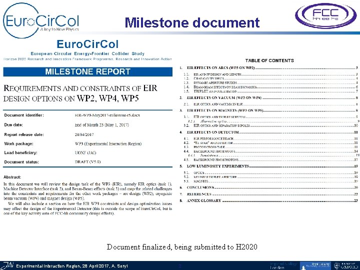 Milestone document Document finalized, being submitted to H 2020 Experimental Interaction Region, 28 April