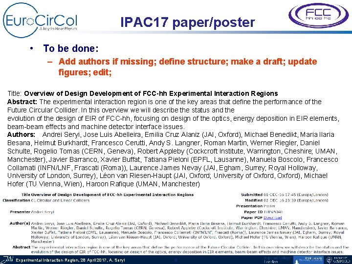 IPAC 17 paper/poster • To be done: – Add authors if missing; define structure;