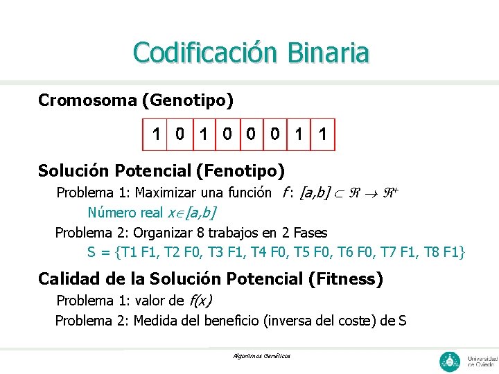 Codificación Binaria Cromosoma (Genotipo) Solución Potencial (Fenotipo) Problema 1: Maximizar una función f :