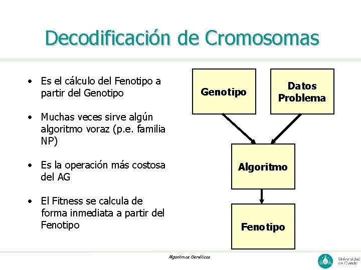 Decodificación de Cromosomas • Es el cálculo del Fenotipo a partir del Genotipo Datos