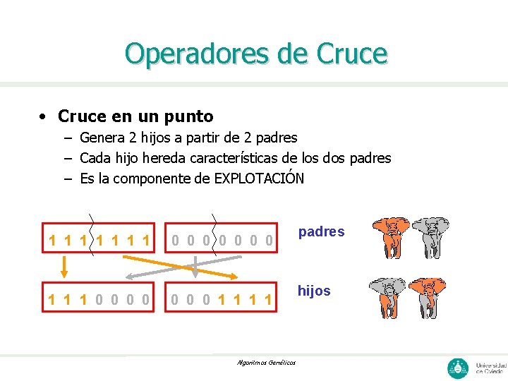 Operadores de Cruce • Cruce en un punto – Genera 2 hijos a partir