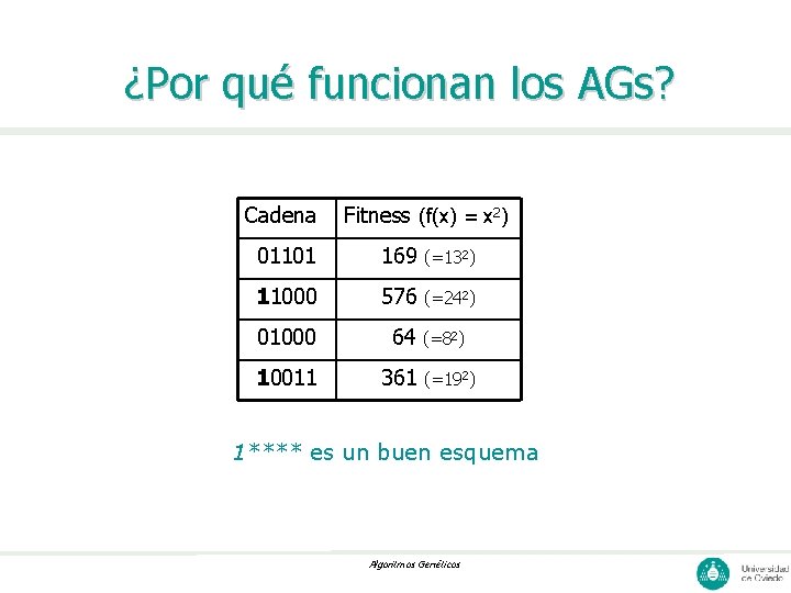 ¿Por qué funcionan los AGs? Cadena Fitness (f(x) = x 2) 01101 169 (=132)